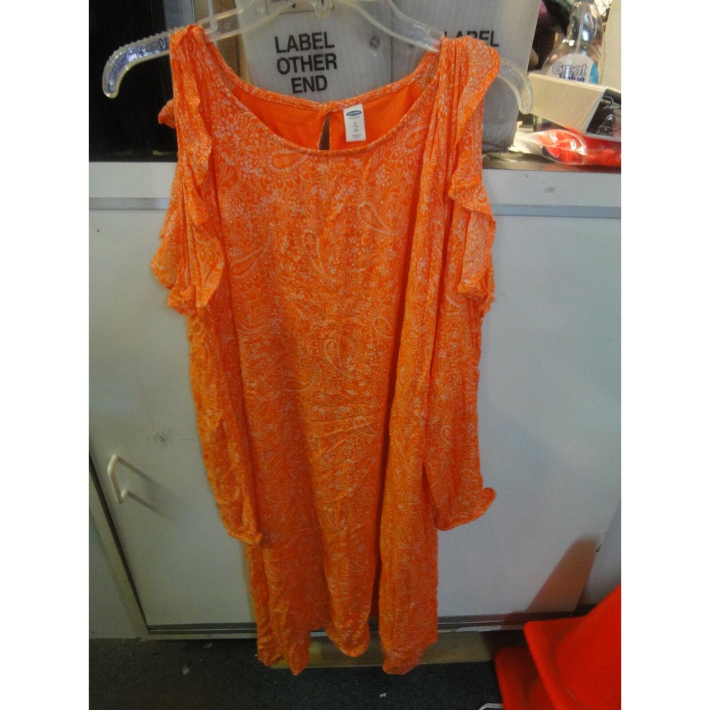 Old navy Orange White XL dress cold shoulder long sleeves ruffles NWT